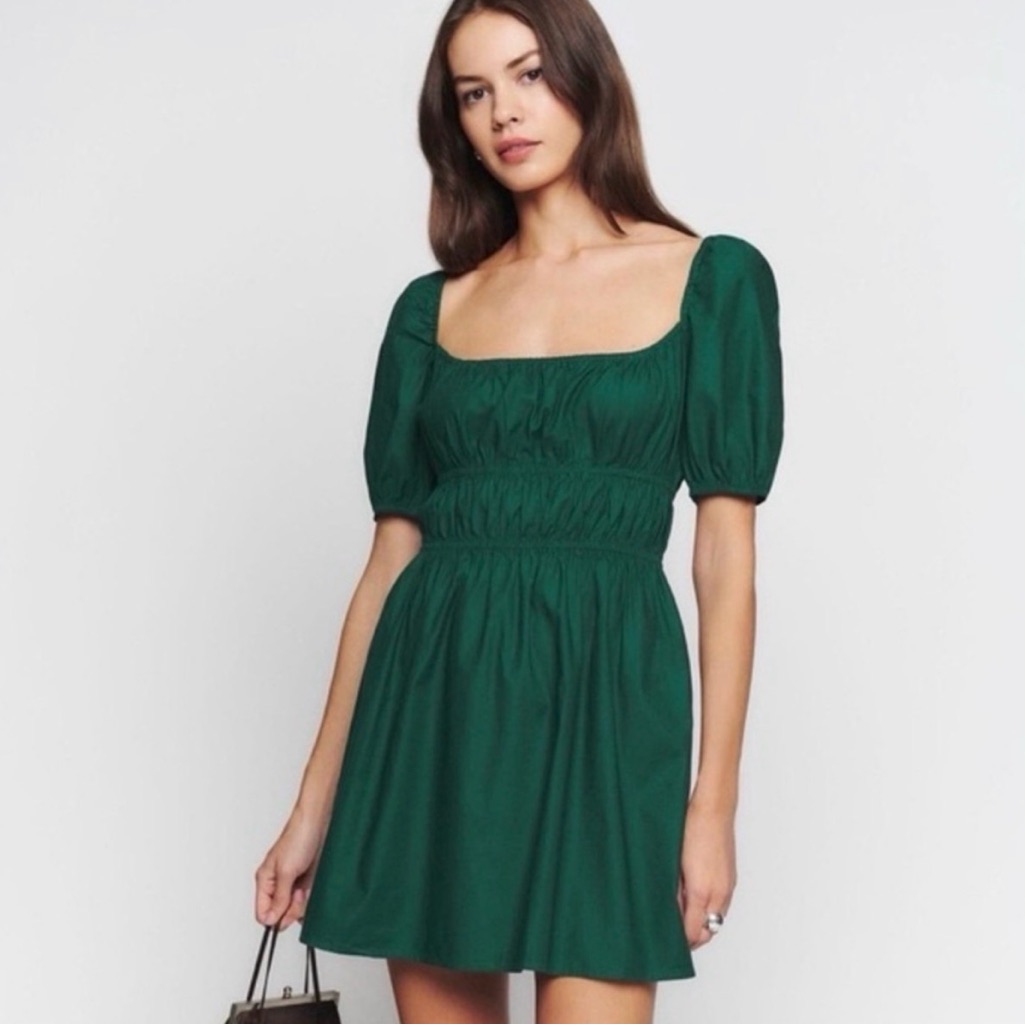 Reformation Puff Sleeve Mini Dress | Square Neckline | Emerald Green Xs